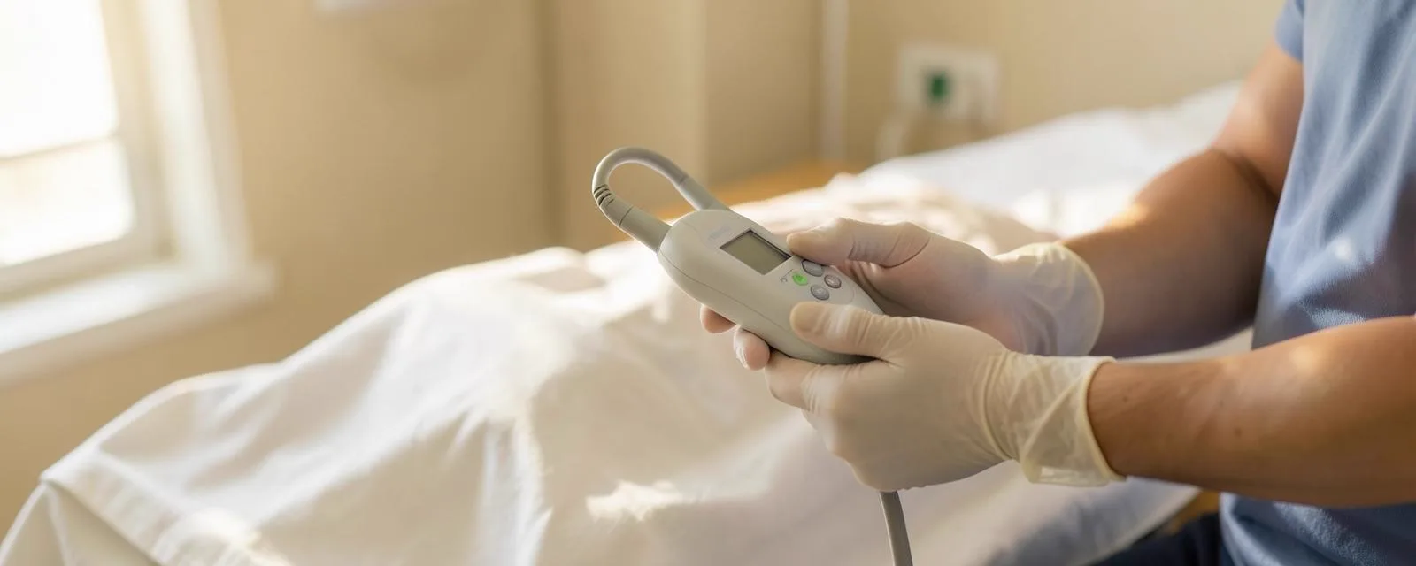 A sonographer preparing to perform a cardiac ultrasound
