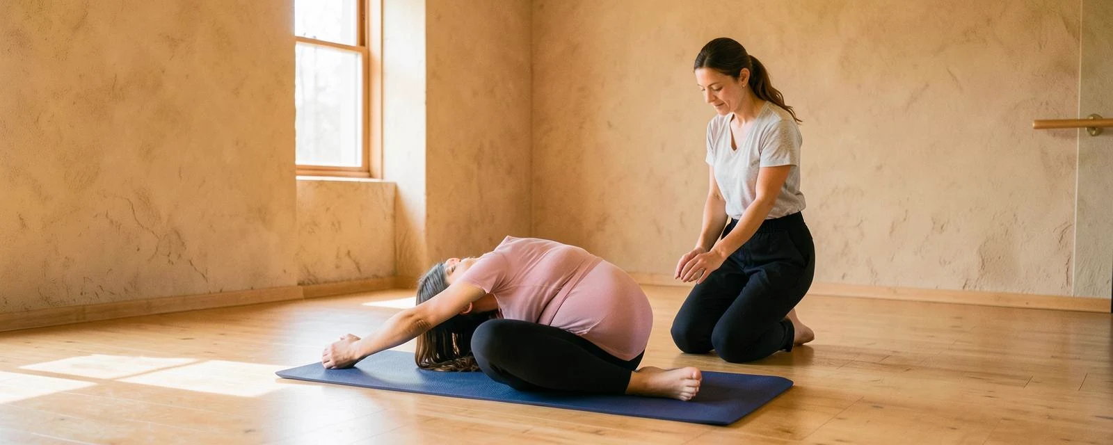 An expectant mother exercising with a practitioner supervising